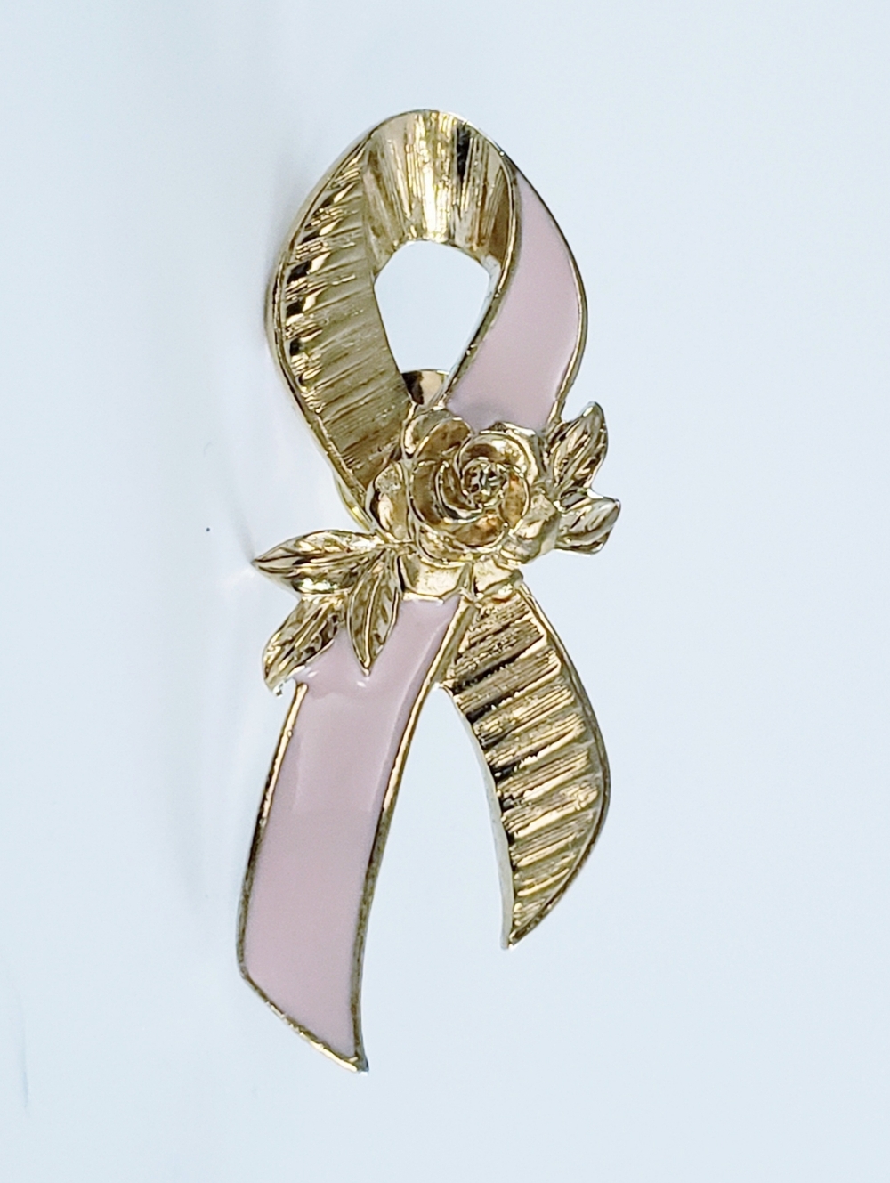 AVON Breast Cancer Gold & Pink Flower Ribbon Tack Pin With Rose Accents - Picture 6 of 6
